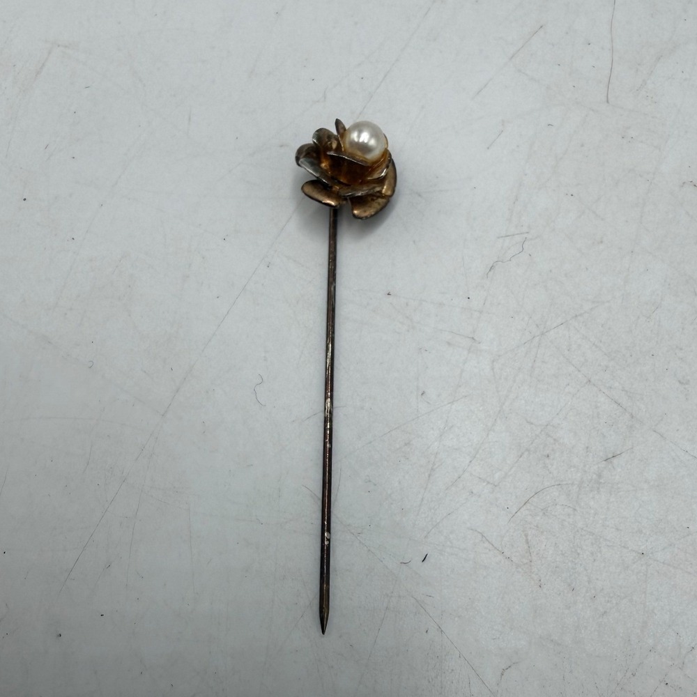 Vintage Gold Tone Rose Flower Faux Pearl Stick Pin Lapel Scarf Accessory